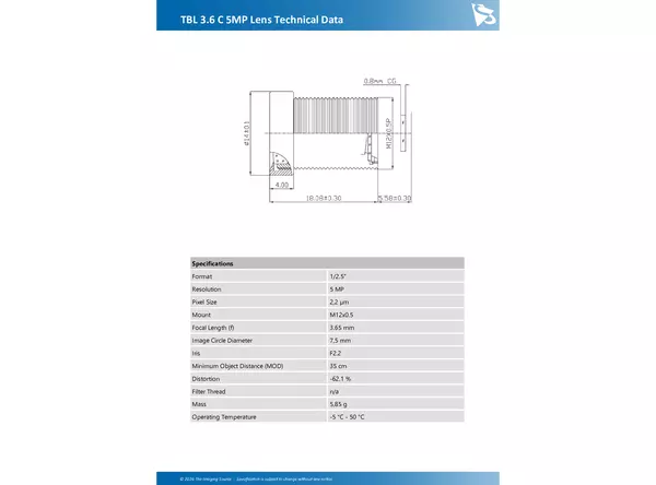 TBL 3.6 C 5MP Lens Technical Data