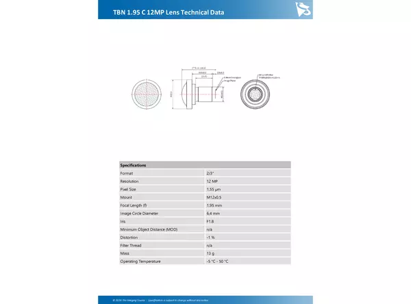 TBN 1.95 C 12MP Lens Technical Data