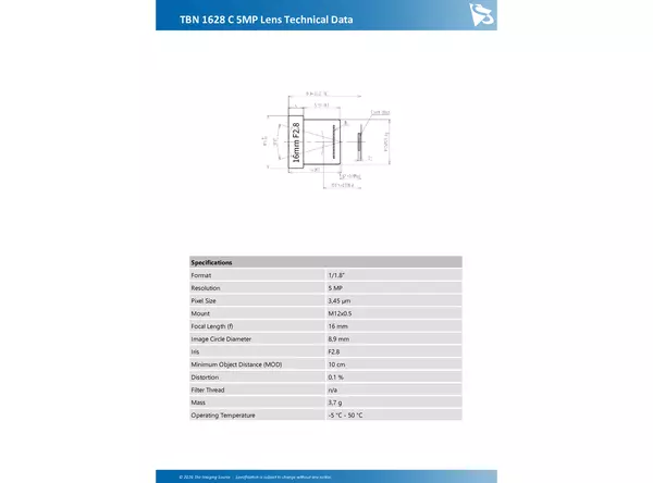 TBN 1628 C 5MP Lens Technical Data