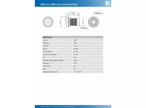 TBN 2.4 C 5MP Lens Technical Data