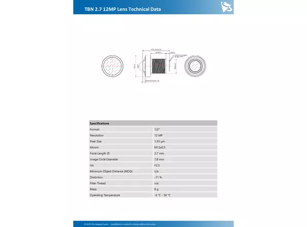 TBN 2.7 12MP Lens Technical Data