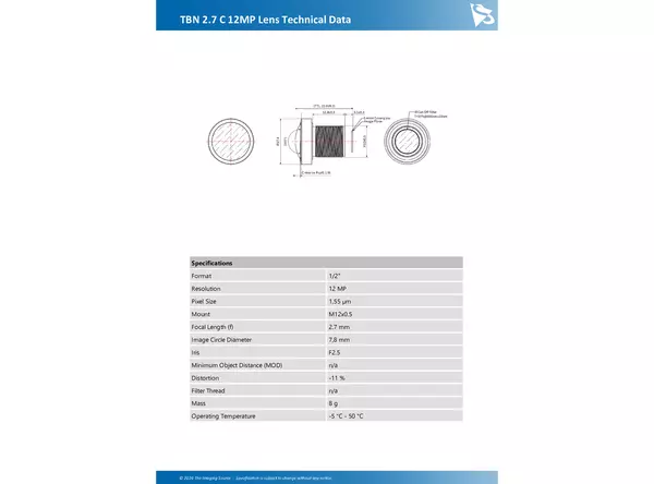 TBN 2.7 C 12MP Lens Technical Data