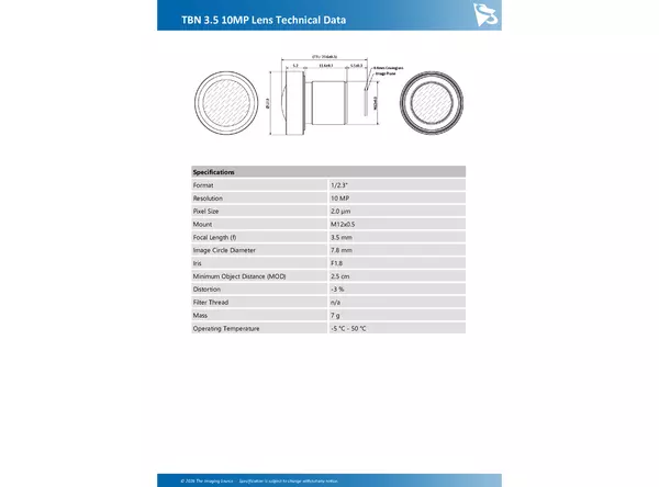 TBN 3.5 10MP Lens Technical Data
