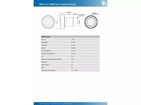 TBN 3.5 C 10MP Lens Technical Data