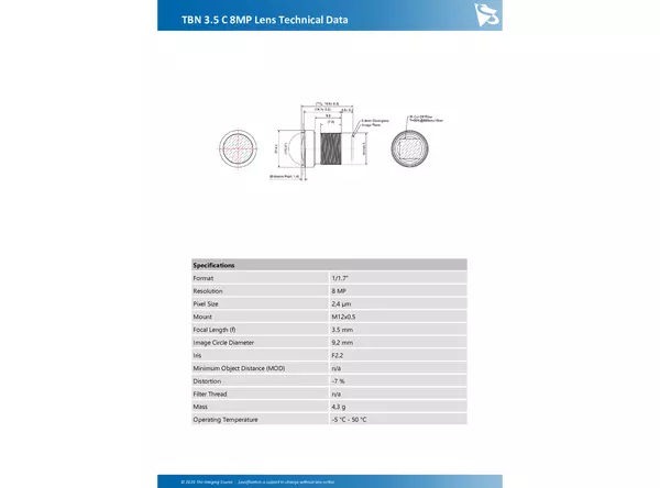 TBN 3.5 C 8MP Lens Technical Data
