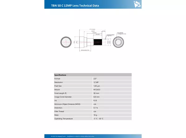 TBN 50 C 12MP Lens Technical Data