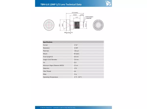 TBN 6.8 12MP 1/2 Lens Technical Data