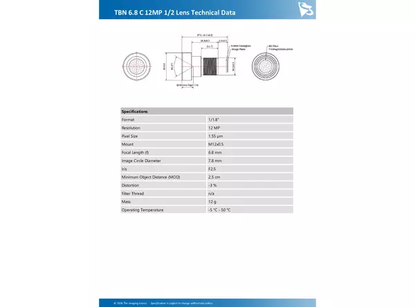 TBN 6.8 C 12MP 1/2 Lens Technical Data