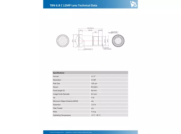 TBN 6.8 C 12MP Lens Technical Data