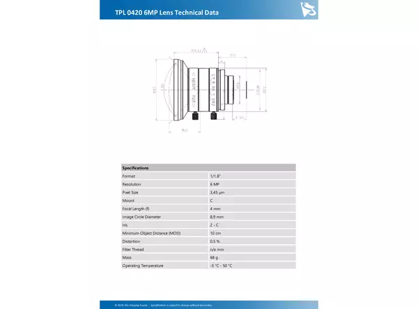 TPL 0420 6MP Lens Technical Data