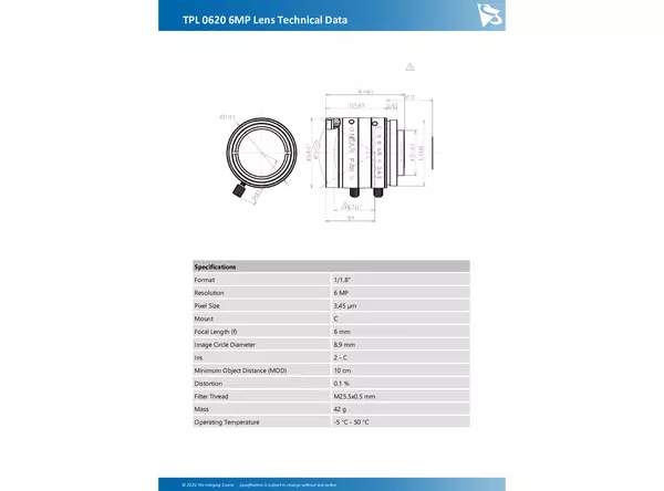 TPL 0620 6MP Lens Technical Data