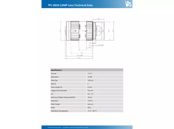 TPL 0624 12MP Lens Technical Data