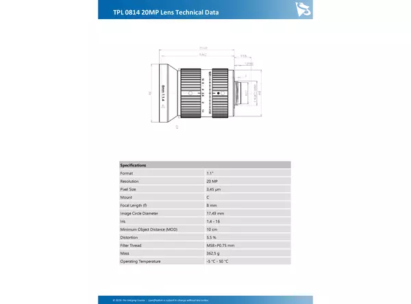 TPL 0814 20MP Lens Technical Data