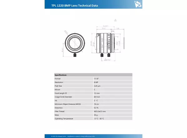TPL 1220 8MP Lens Technical Data