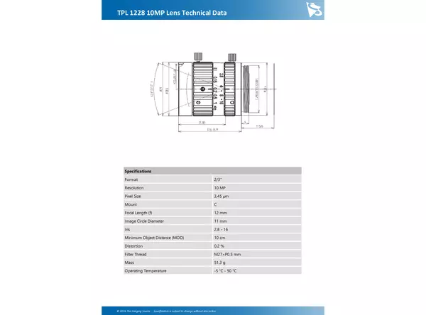 TPL 1228 10MP Lens Technical Data