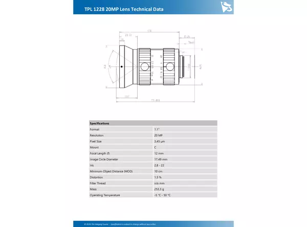 TPL 1228 20MP Lens Technical Data