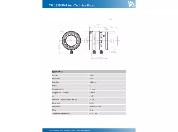 TPL 1620 9MP Lens Technical Data