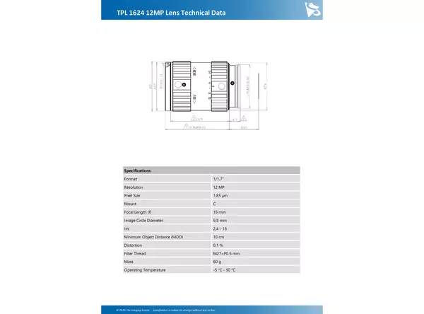 TPL 1624 12MP Lens Technical Data