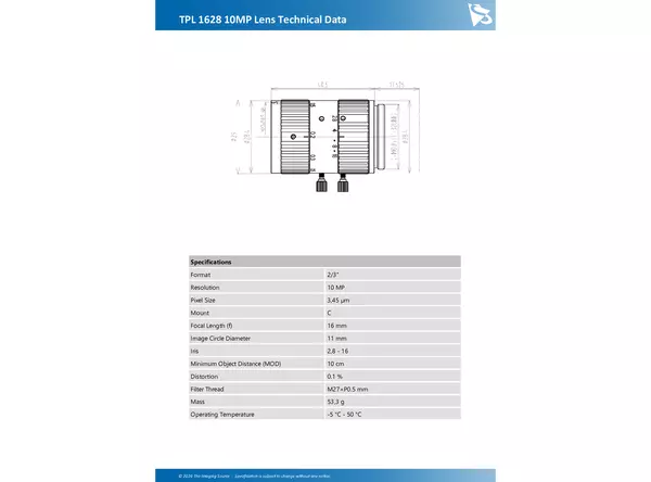 TPL 1628 10MP Lens Technical Data
