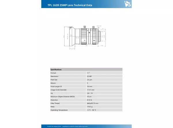 TPL 1628 25MP Lens Technical Data