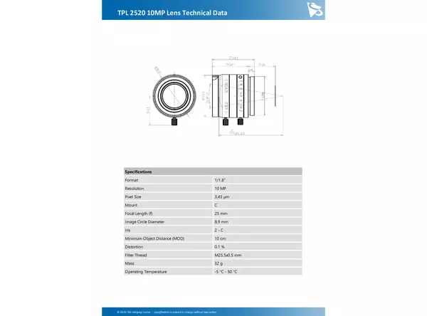 TPL 2520 10MP Lens Technical Data