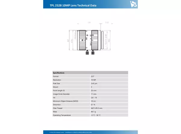 TPL 2528 10MP Lens Technical Data