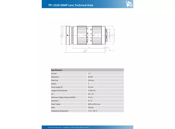 TPL 2528 20MP Lens Technical Data