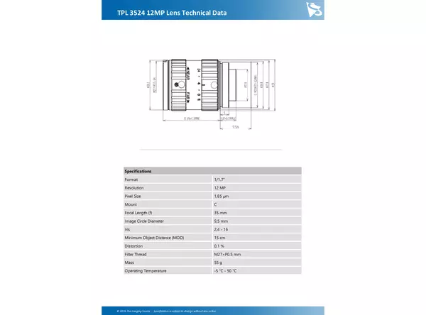 TPL 3524 12MP Lens Technical Data