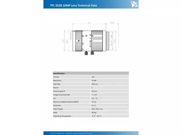 TPL 3528 10MP Lens Technical Data