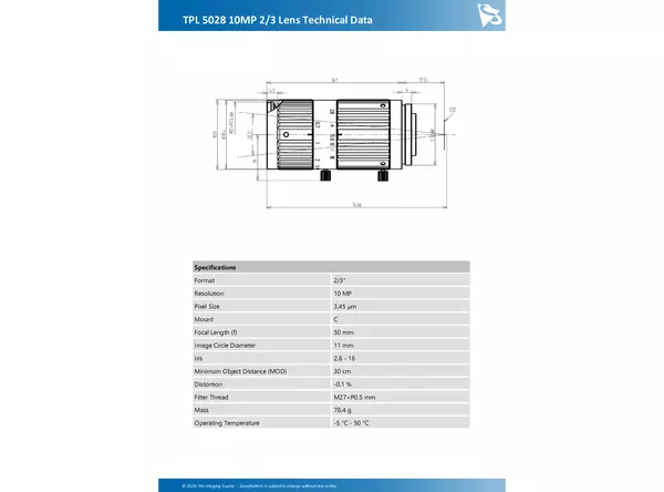 TPL 5028 10MP 2/3 Lens Technical Data