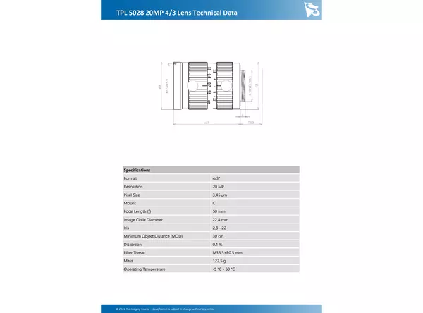 TPL 5028 20MP 4/3 Lens Technical Data