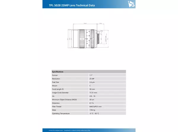 TPL 5028 25MP Lens Technical Data