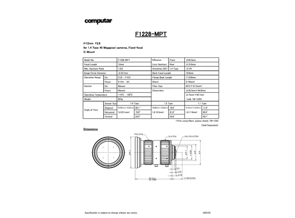 F1228-MPT Lens Technical Data