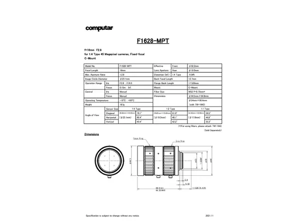 F1628-MPT Lens Technical Data