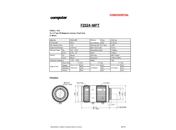 F2524-MPT Lens Technical Data