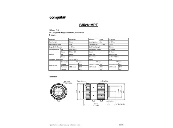 F3526-MPT Lens Technical Data