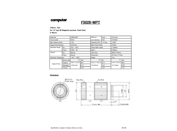 F5026-MPT Lens Technical Data