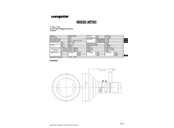 M0528-MPW3 Lens Technical Data