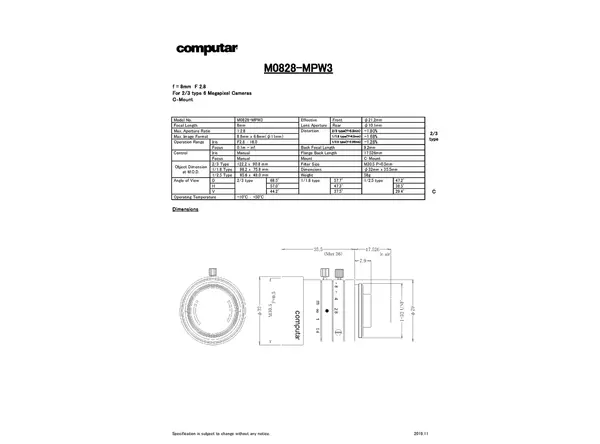 M0828-MPW3 Lens Technical Data