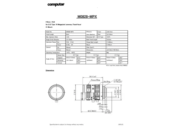 M0828-MPX Lens Technical Data