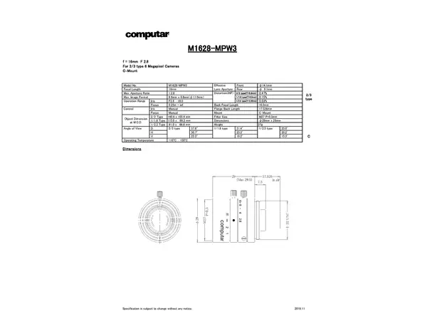 M1628-MPW3 Lens Technical Data