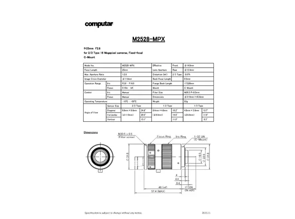 M2528-MPX Lens Technical Data