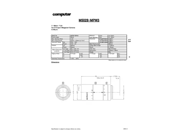 M5028-MPW3 Lens Technical Data