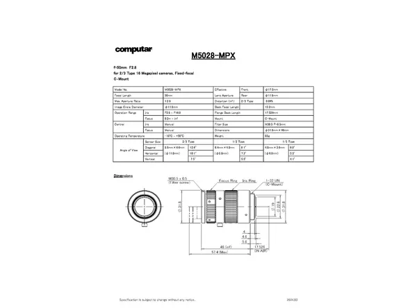 M5028-MPX Lens Technical Data