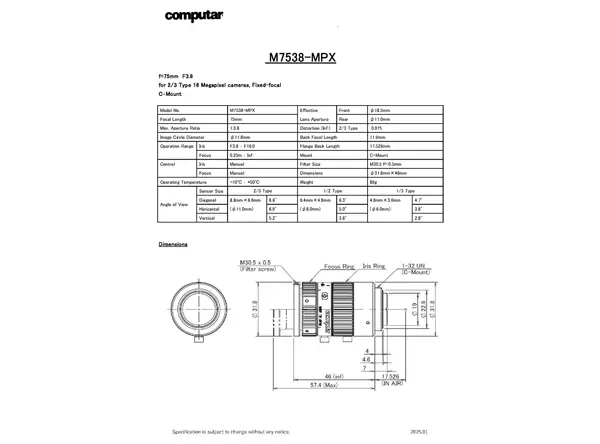 M7538-MPX Lens Technical Data