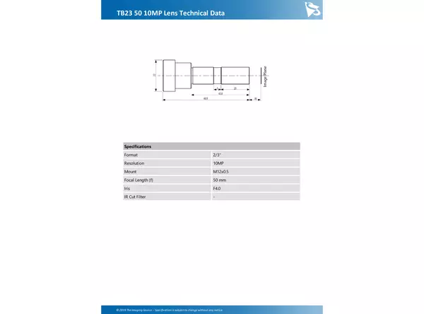 TB23 50 10MP Lens Technical Data