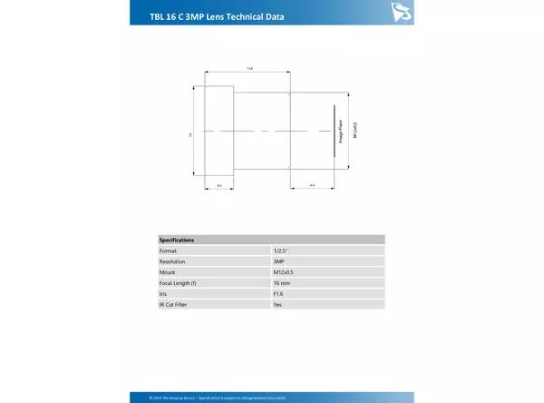 TBL 16 C 3MP Lens Technical Data