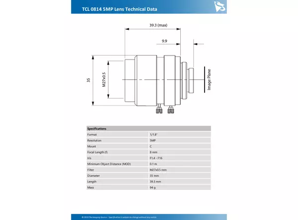 TCL 0814 5MP Lens Technical Data