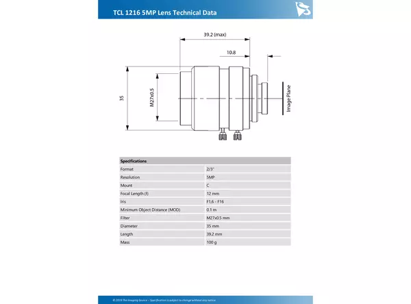 TCL 1216 5MP Lens Technical Data