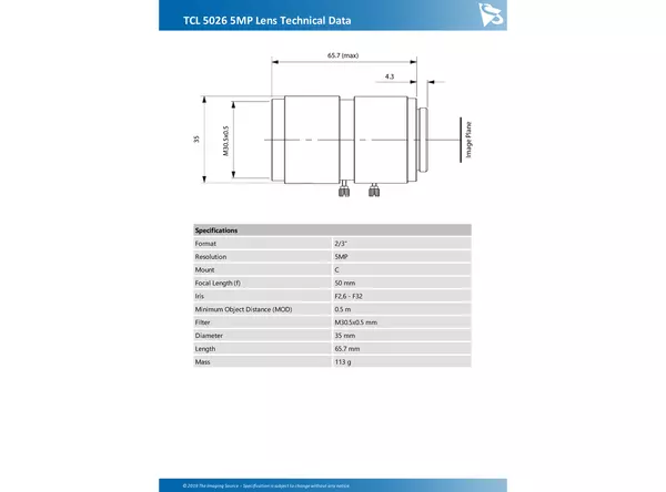 TCL 5026 5MP Lens Technical Data